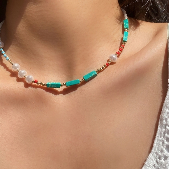 π Boho Pearl & Turquoise Gemstone Beaded Necklace | Handmade Bohemian Chic - Picture 5 of 15
